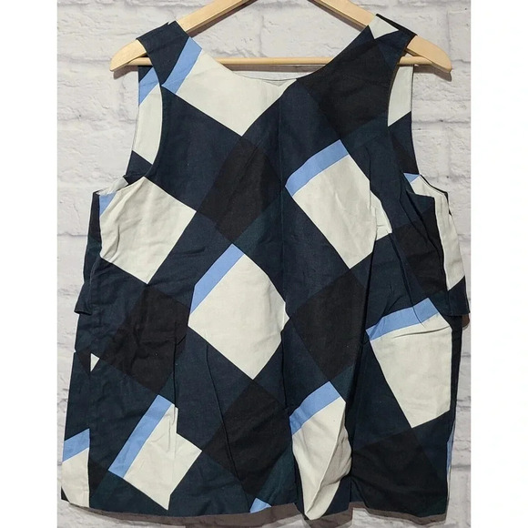 Ann Taylor Linen Blend Tank Top Women's Medium Navy Blue White Tie Back Ruffle - Picture 1 of 4